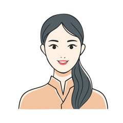 Illustration of a smiling, young Asian woman with long dark hair in a collared shirt, simple line art portrait