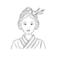 Hand Drawn Portrait of an Asian woman in Kimono with Chopsticks and Ornament in Hair