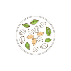 Depiction of seeds and leaves in a circle representing organic shapes, natural pattern, and botanical elements