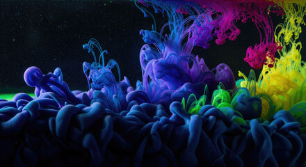 Vibrant multicolored ink suspended beautifully in dark liquid creating abstract smoke formations