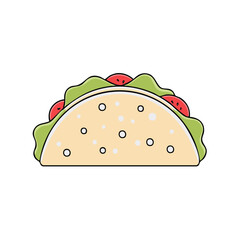 Cartoon Taco Illustration with Lettuce and Tomato Filling on White