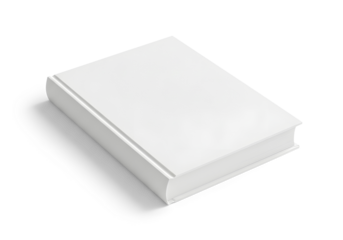 Blank white hardcover book mockup, closed, angled perspective view isolated on a white or transparent background