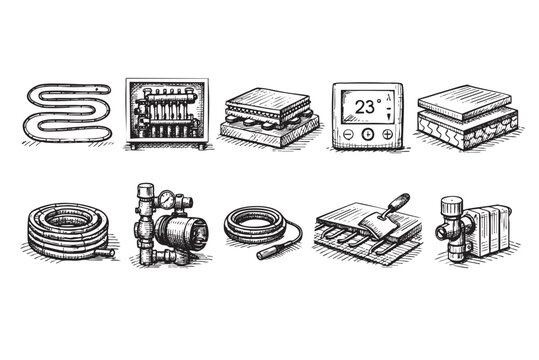 Black and white sketch illustrates various components of an underfloor heating system, including pipes, a thermostat, and a pump, conveying a sense of efficiency and modern home comfort.