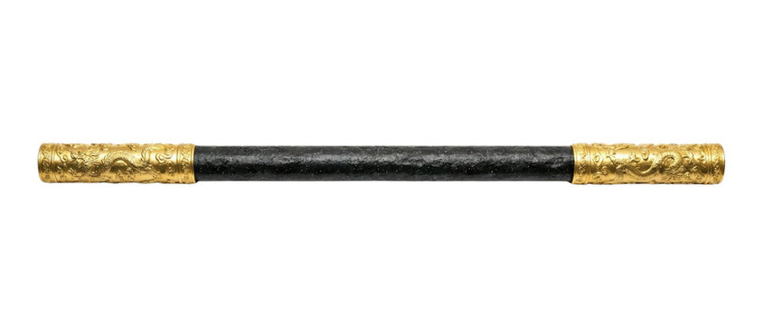 Monkey King's Golden Hooped Rod weapon. Mythological Ruyi Jingu Bang staff.