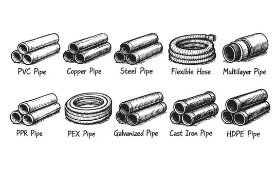 Hand drawn illustration on white showcasing various types of pipes, including PVC, copper, steel, flexible hose, and PEX piping.