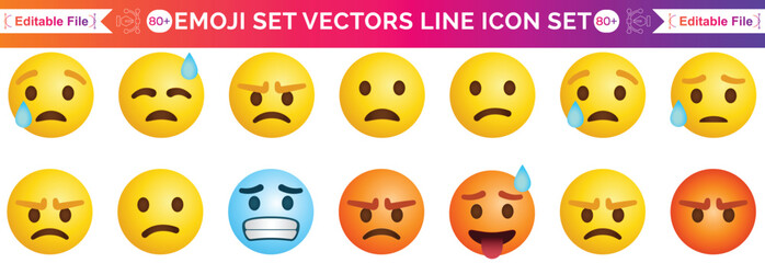 Naklejka premium Set of yellow emoji and emoticon faces in vector graphic format on a transparent background. This collection represents a variety of emotions and expressions, perfect for digital designs. Vector icon.