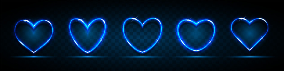 A set of five neon heart-shaped frames. Abstract background with space for text. Glowing hearts for holiday cards, banners, invitations. Vector EPS 10.
