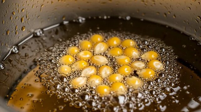 Small round items are being fried in hot oil, bubbling and cooking in a pot during afternoon hours in a kitchen