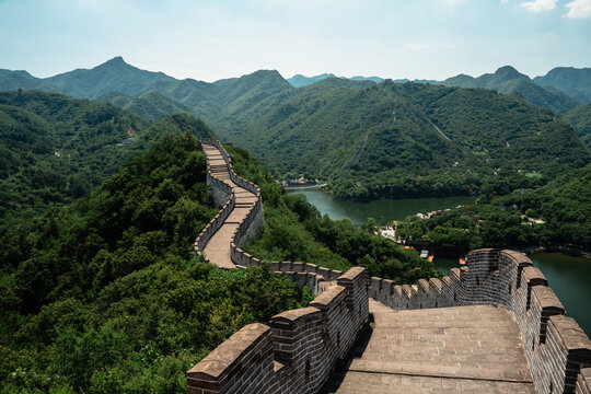 Ancient Chinese Wall in expansive mountain landscape