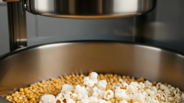 Popcorn kernels pop and fill a large bowl in a machine at a cinema in the afternoon light