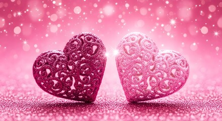 Obraz premium Two pink hearts on a sparkling pink background