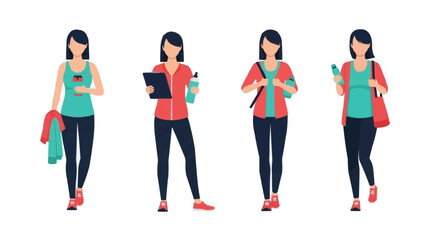 Obraz premium Vibrant vector concept portraying different active moments of a woman's fitness journey, highlighting dedication to a healthy and active lifestyle and personal wellness