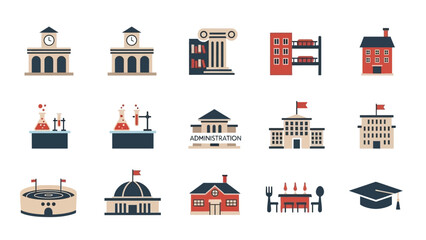Obraz premium Collection of various educational buildings icons.