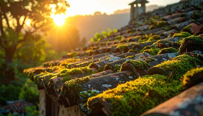 Rustic terracotta roof tiles covered in lush green moss at sunset. Warm golden hour light over an old European village. Ideal for travel editorial, heritage themes, and interior art.