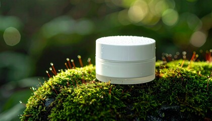 Minimalist white cosmetic jar with water droplets resting on lush green moss in a sunlit forest. Pure, natural skin care concept. Ideal for beauty branding, organic product marketing, and interior art