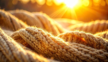 Close-up of a thick, coarse knitted fabric glowing in the warm golden light of a sunset. Rich texture and cozy atmosphere. Ideal for seasonal interior art, winter decor, or textile design.
