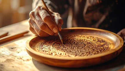 Artisan hand painting intricate mandala patterns on a wooden plate. Warm, rustic workshop lighting. Perfect for interior art, home decor, or craft-themed editorial content.
