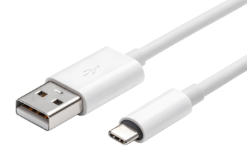 White USB type C cable connector for charging and data transfer isolated on a white or transparent background