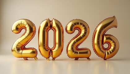 Golden foil balloons displaying the year 2026 on festive background 
