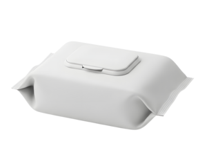 White wet wipes flow pack packaging mockup with a resealable plastic lid isolated on a white or transparent background