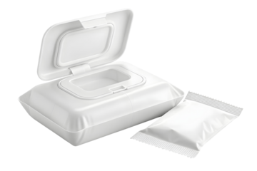 White wet wipes flow pack packaging mockup with a resealable plastic lid isolated on a white or transparent background