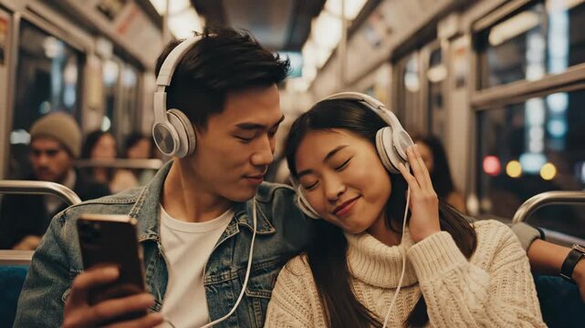 Young Asian couple listening to music and sharing headphones on a subway train at night. Happy man and woman looking at a smartphone during a romantic commute. Valentine's Day concept