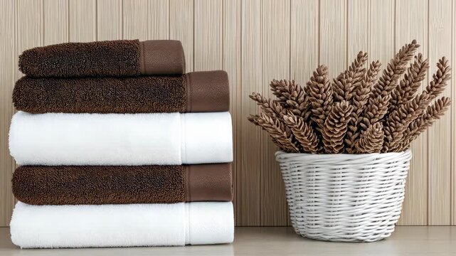 Towels are neatly stacked on a shelf alongside a basket with decorative items, creating a tidy space in a simple home setting
