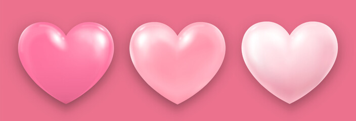 A set of voluminous pink hearts with highlights and shadows on a pink background. Heart icons for your design. The concept of Valentine's Day, love. Vector EPS 10.