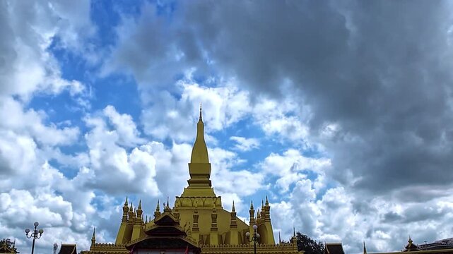 Pha That Luang Stupa is a famous landmark in Vientiane, Laos. Asia. Golden Stupa. Buddhist religious structure. Residence of the Lao Buddhist Patriarch. 4K
