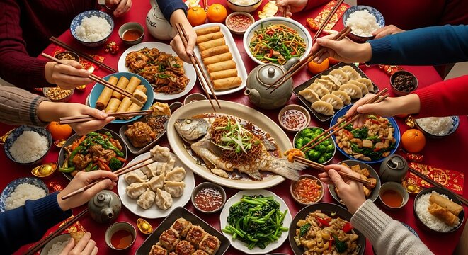 flat lay of lunar new year dishes from different asian cultures version 2.