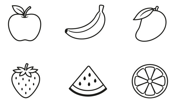 Hand drawn line art fruit set featuring apple, banana, mango, strawberry, watermelon, and orange for food and healthy lifestyle concepts