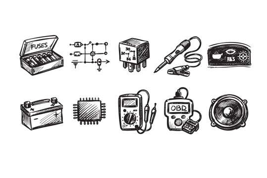 A hand-drawn sketch depicts various automotive electrical parts like fuses, circuit, relay, tester, ABS module, battery, chip, multimeter, OBD, speaker.