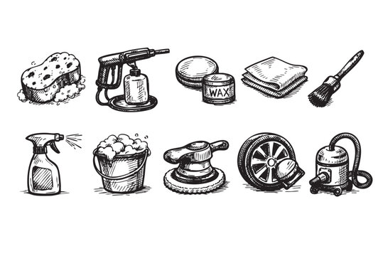 Hand drawn sketch illustration shows car detailing tools: sponge, spray, wax, bucket, polisher, vacuum and more in black and white for cleaning.