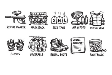 A line drawing of paintball rental gear including mask, markers, vest and paintballs. Good for promotional material, websites, or brochures for paintball arenas.
