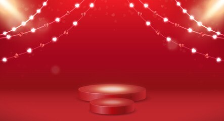 Red background with lighting, realistic catwalk elements, hearts, garlands and lighting effects. Red background for Valentine's day. Vector EPS 10.