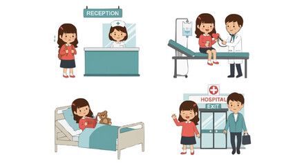Fototapeta premium A young girl's hospital experience illustrated with multiple scenes reception, doctor's check-up, bed rest, and leaving with a parent