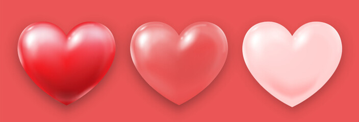 A set of three three-dimensional red and pink hearts with highlights and shadows on a coral background. 3d hearts for Valentine's Day, Mother's Day, wedding. Vector illustration.