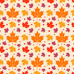 Obraz premium Seamless Autumn Foliage Pattern Vibrant Maple Leaves and Berries for Seasonal Decorative Backgrounds