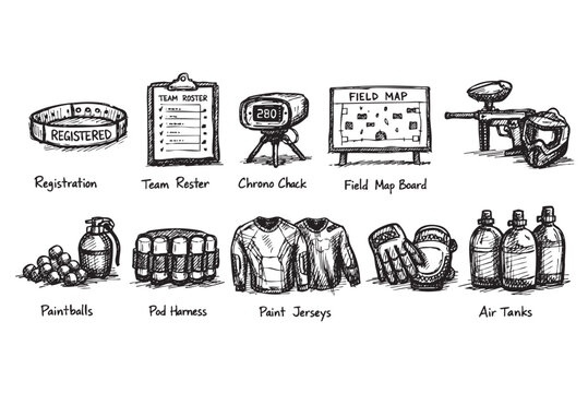 Hand-drawn paintball equipment sketch set on white background: gun, mask, jerseys, tank, map, registration. Use for sport, recreation, design.