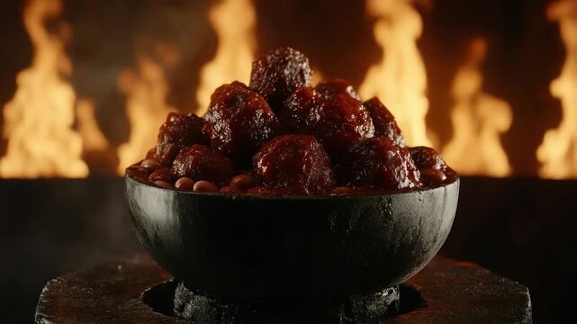 A dark bowl of stewed, dark-red meatballs and beans sits on a textured surface, fire behind