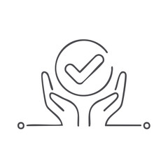 Obraz premium Hands holding check mark symbol or icon offering approval confirmation or protection concept line art