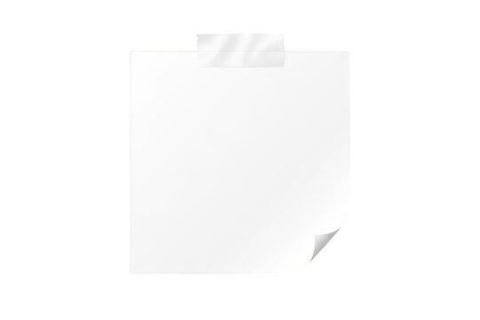 Blank white sticky note with a subtle curled corner held by clear tape isolated on transparent background