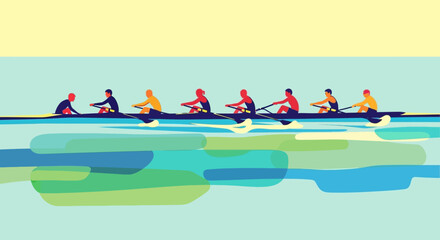 Group of rowers paddling in unison on calm waters. © Abhinaya Project