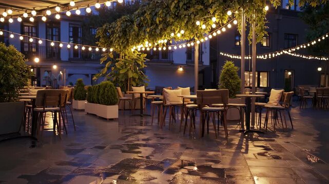 Cozy outdoor restaurant patio with string lights at night