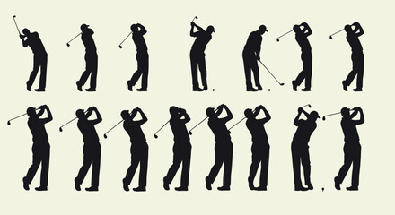 Obraz premium Silhouettes of women playing golf in various poses and swings.