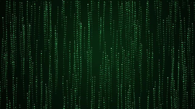 Dynamic green code cascade against a dark, futuristic backdrop