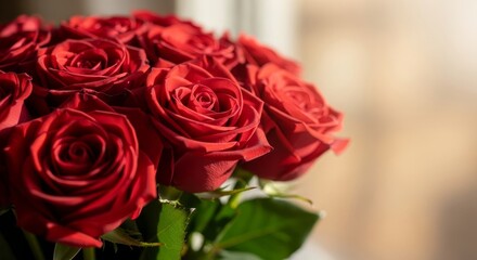Fototapeta premium Close-up of red roses bouquet, soft natural light, shallow depth of field, romantic mood, classic Valentine’s Day symbol, premium stock image