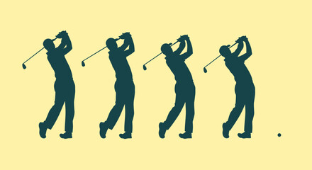 Golfer silhouettes in various swing positions against a yellow background.