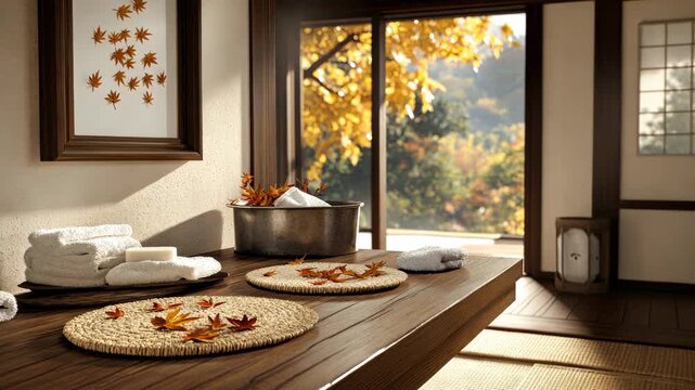 Light shines in a room with items arranged on a table and views of trees outside with fall leaves during the afternoon