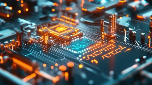A detailed image of a computer circuit board, with illuminated lines and components